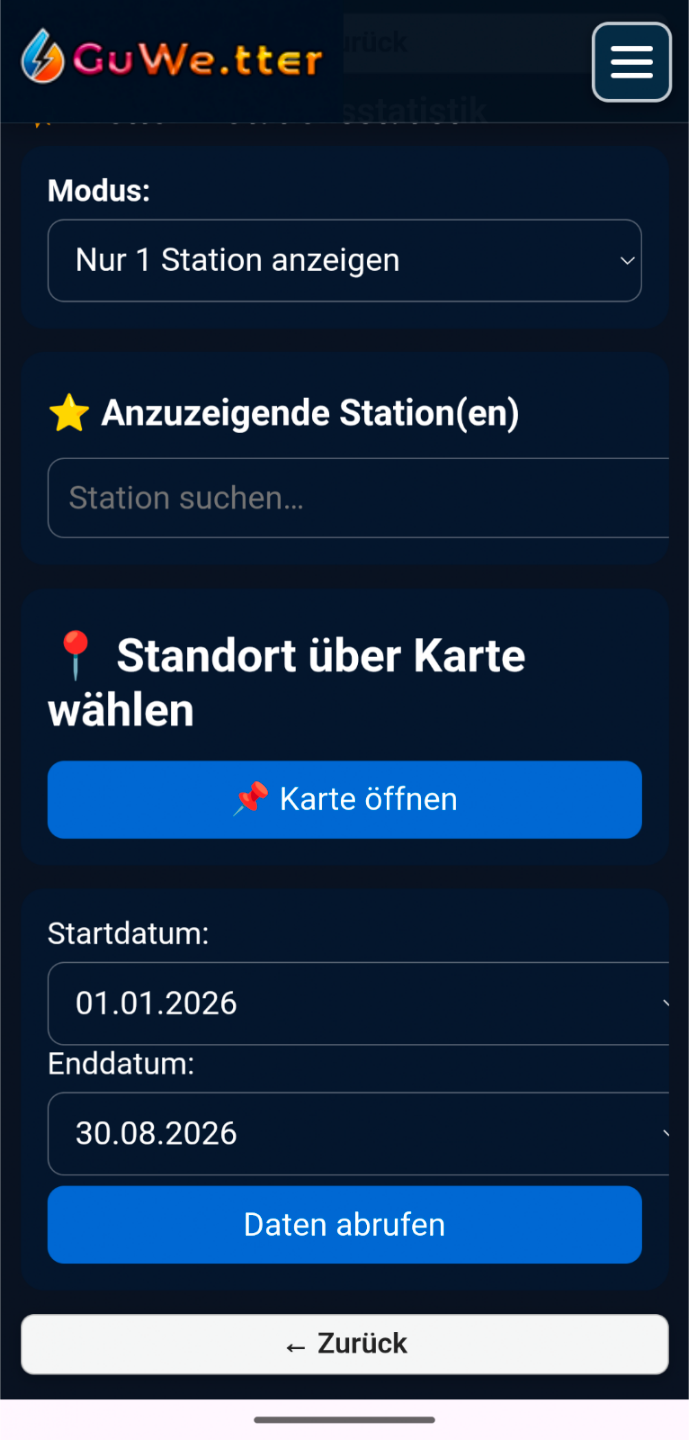 GuWetter: Navigationsmenü mit Wetterfunktionen